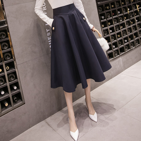 2022 Spring Skirts Womens High Waist A Line Big Swing Midi Skirt Korean Pockets Office Lady Elegant Women Skirt Jupe Femme Falda ► Photo 1/6