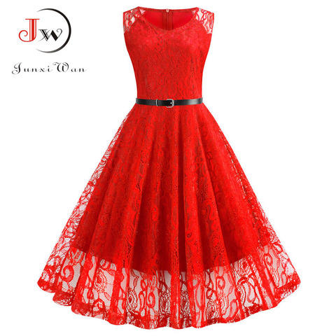 Lace Vintage Dress Women Summer Sleeveless Sexy Red Party Dresses Casual Elegant Midi Office Vestidos Robe Femme Plus Size ► Photo 1/6