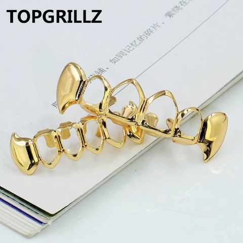 TOPGRILLZ  Gold Color Plated Hip hop Teeth Grill Top & Bottom Grill Hip Hop Bling Hollow Vampire Teeth for Halloween ► Photo 1/6