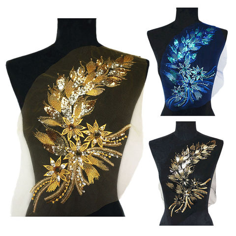 40CM Gold Blue Black Sequins Feather Tail Flowers Lace Trims Mesh Sew On Patches Embroidery For Wedding Appliques Decoration DIY ► Photo 1/6