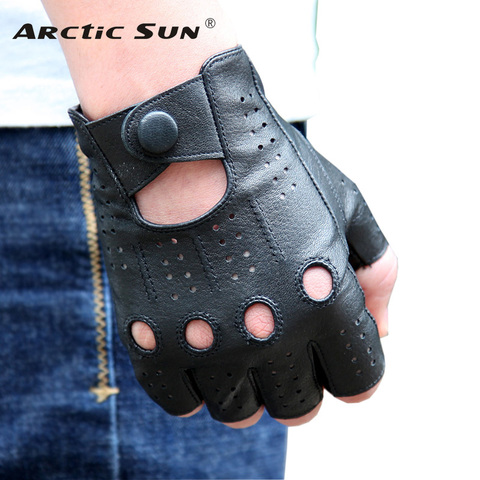Genuine Leather Semi-Fingers Gloves Male Breathable Hole Thin Style Men Half-Finger Lambskin Gloves Imitation Deerskin M046P ► Photo 1/6