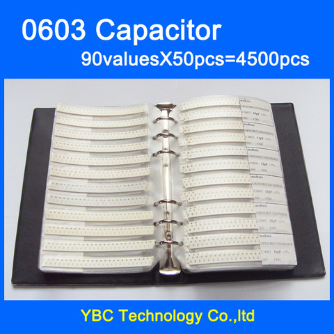 Free Shipping 0603 SMD Capacitor Sample Book 90valuesX50pcs=4500pcs 0.5PF~2.2UF Capacitor Assortment Kit Pack ► Photo 1/6