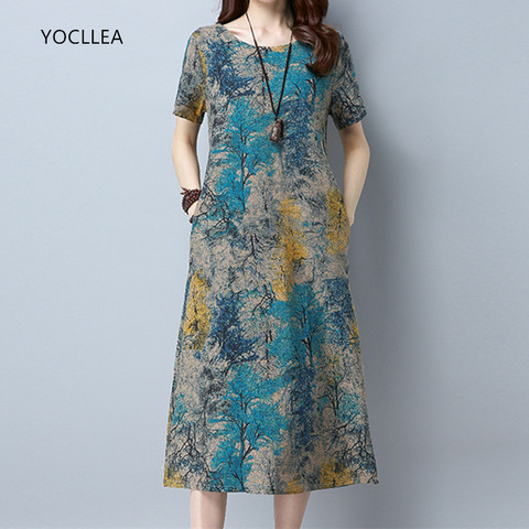 2022 Cotton Linen Summer Dress Women Loose Plus size Casual Dress OL work Wear vintage Print beach Sundress dresses vestidos ► Photo 1/6