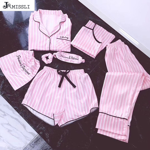 JRMISSLI pyjamas women 7 pieces Pink pajamas sets satin silk Sexy lingerie home wear sleepwear pyjamas set pijama woman ► Photo 1/5