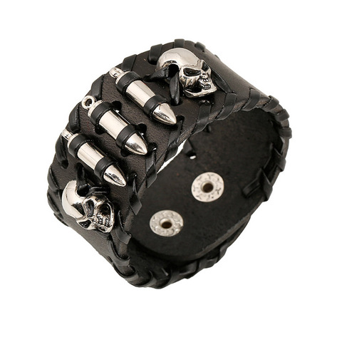 Mens Leather Bracelet Black Wide Cuff Bracelets & Bangles Rock Skull Head and Bullets Silver Plated Baubles Charm Women Jewelry ► Photo 1/1