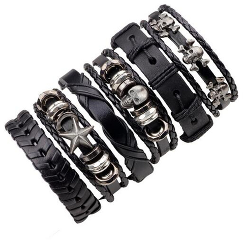 1Set/5-6PCs Punk Rock Skull Star Multi Charm Bracelet For Women Men Gothic Jewelry Braided Rope Leather Bracelet Men ► Photo 1/6