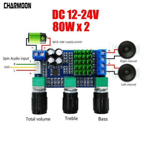 TPA3116D2 DC 12V 24V 80W x 2 Dual channel Digital Audio TPA3116D2 Treble Bass Regulating Preset Pre amplifier Board ► Photo 1/6