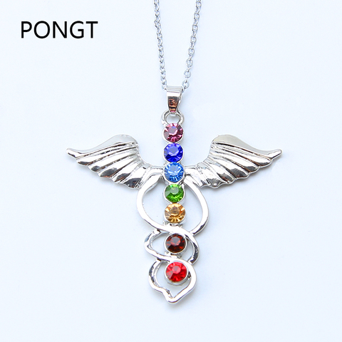 New 7 Chakra Stones Reiki Healing Crystal Rhinestone  Point Chakra Pendant Tree Of Life Pendant Angel Shape Jewelry Necklace ► Photo 1/5