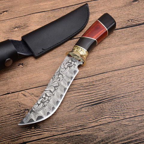 PEGASI D2 steel Damascus laser color wood handle outdoor hunting knife high hardness forging straight blade gift knife wholesale ► Photo 1/6