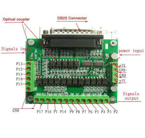 CNC 5 Axis Breakout Board For Stepper Driver Controller Mach3 EMC2/ KCAM4 DB25