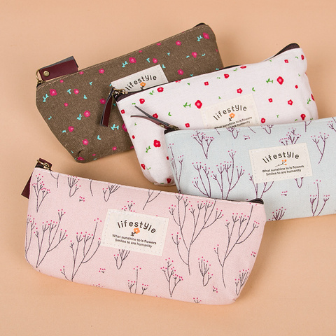 1PC Kawaii Lovely Floral Canvas Zipper Pencil Cases Fabric Flower Tree Pen Bags Plant Stationery Rural Style Pencil Box ► Photo 1/6