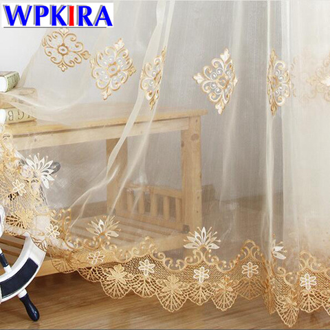 Europe Luxury Water Soluble Window Screen Embroidery Sheer Voile Window Drapes for Living Room Door Gold Lace Curtains WP160-30 ► Photo 1/6