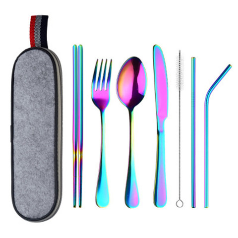 8Pcs/set Tableware Reusable Travel Cutlery Set Camp Utensils Set with stainless steel Spoon Fork Chopsticks Straw Portable case ► Photo 1/6