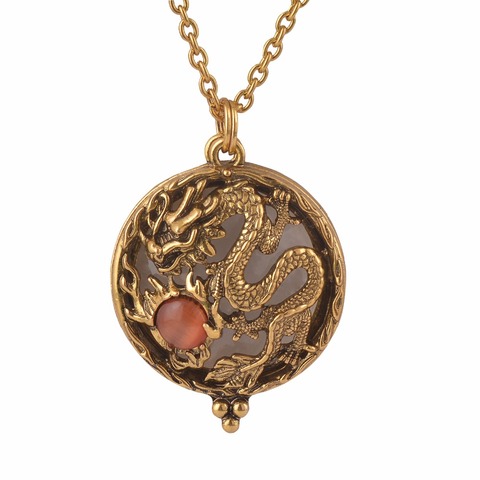 New Magnifier Glass Pendant Drangon with Stone bead Necklace Antique Gold jewelry opens and closes ► Photo 1/3
