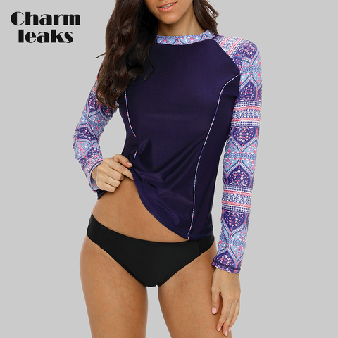 Charmleaks Women Long Sleeve Rashguard Floral Print Swimwear Surf Top Running Shirts Rash Guard UPF50+ Beach Wear ► Photo 1/6