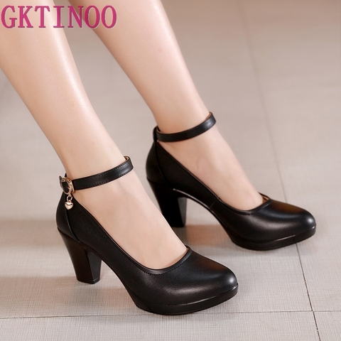 GKTINOO Genuine Leather shoes Women Round Toe Pumps Sapato feminino High Heels Shallow Fashion Black Work Shoe Plus Size 33-43 ► Photo 1/6