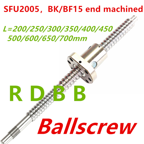 SFU2005 200 250 300 350 400 450 500 600 650 700 mm ball screw with flange single ball nut BK/BF15 end machined CNC parts ► Photo 1/1