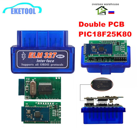 10pcs/Lot ELM327 V1.5 Double PCB PIC18F25K80 Chip Bluetooth ELM 327 Code Reader Works Android OBD2 Diagnostic Tool ► Photo 1/6