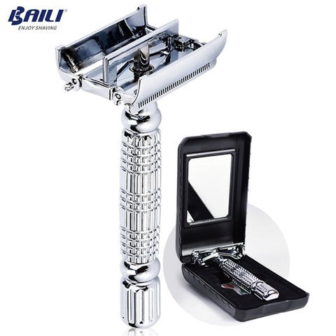 BAILI Barber Safety Blade Razor Shaver Double Edge Butterfly Twist Open T-Shaped Unisex 1 Travel Case with Mirror BD179 ► Photo 1/6