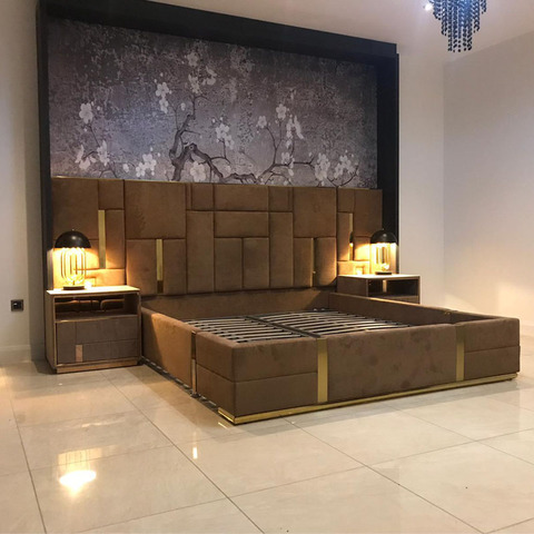 Italian Latest Double King Size Bed, Velvet King Bedroom Set