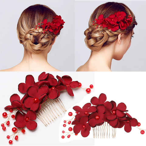 1Pcs Fashion Red Flower Hair Comb Bridesmaid Crystal Hair Clip Bridal Hairpin Wedding Hair Jewelry For Women Party Hairband Gift ► Photo 1/6
