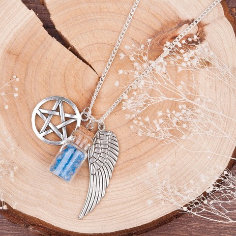 DoreenBeads Handmade Movie Supernatural Pentacle Angel Wings Wishing Bottle Guardian Series Silver Color Necklace Jewelry, 1 Pc ► Photo 1/6