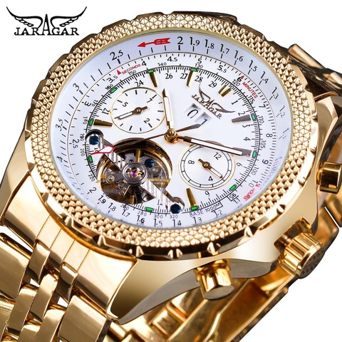 Jaragar Men's Golden Automatic Self-Wind Watch Big Dial Calendar Function Relogio Masculino Mechanical Watches Steel Strap Clock ► Photo 1/6