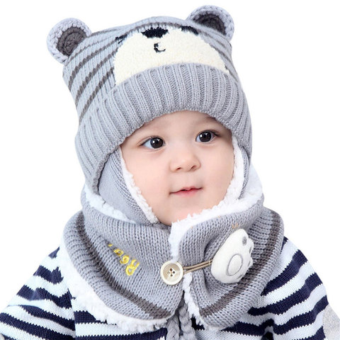 Unisex Kids Cartoon Bear Stripe Hats And Scarf Baby Cap Set Girl Boy Cap Scarf Set Child Winter Earmuffs Hat Scarf Warm Suit ► Photo 1/6