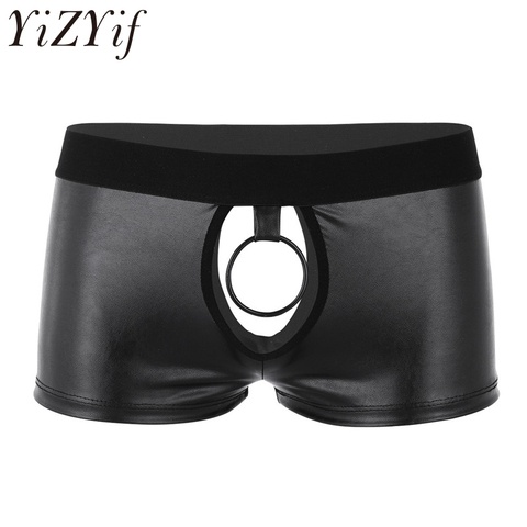 Novelty Mens Lingerie Panties Gay Sex Soft Shiny Leather Open Crotch Shorts Underwear Open Butt boxer Shorts with Front Hole ► Photo 1/6