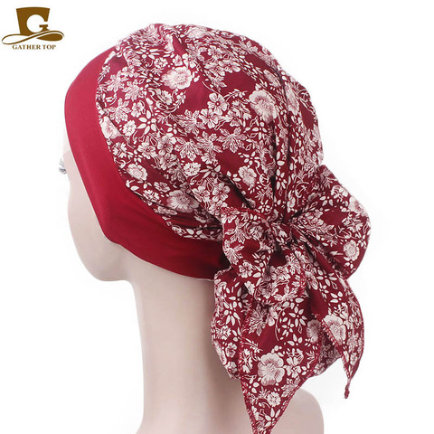 New fashion Vintage elastic women cotton head scarf chemo cap bowknot turban headband Sleeping Bonnet head wrap hair loss cap ► Photo 1/6