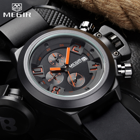 MEGIR 3D Engraved Dial Clocks Male Sport Quartz Men Watches Black Silicone Waterproof Military Chronograph Watch Reloj Hombre ► Photo 1/6