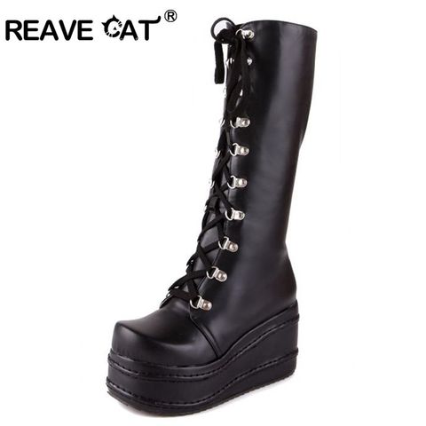 REAVE CAT Style Women Black Boots Casual Knee High Wedges Platform High Heel Boots Punk Gothic Shoes Lace Up Riding Boas QH3038 ► Photo 1/1
