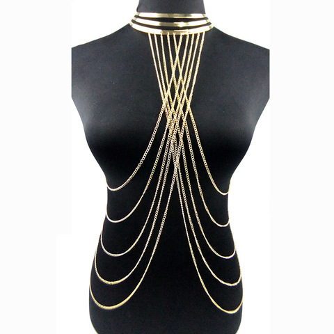 Sexy Multilayer Long Tassel Body Necklace Fashion Punk Golden Bikini Harness Big Torques Necklace Beach Jewelry for Women ► Photo 1/3