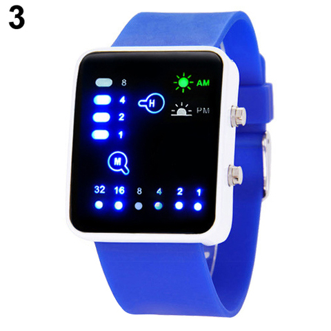 Hot Sales Popular Mens Womens Binary Number Blue LED Wristwatches Silicone Band Quartz Wrist Watch NO181 5V4Y ► Photo 1/6