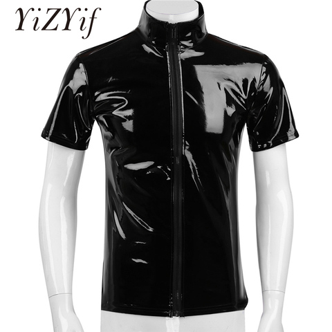 YiZYiF Black Shiny t shirt Unisex Metallic Hipster PVC Leather tshirt Sexy Stand Collar Short Sleeves Front Zip Up T-shirt Tops ► Photo 1/6