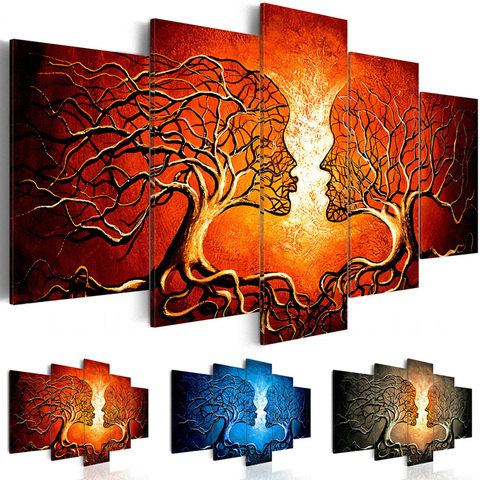 Canvas Painting Home Decor 5 Pieces Kiss Tree Red Blue Yellow Color Love Pictures Prints Abstract Poster Modular Room Wall Art ► Photo 1/6