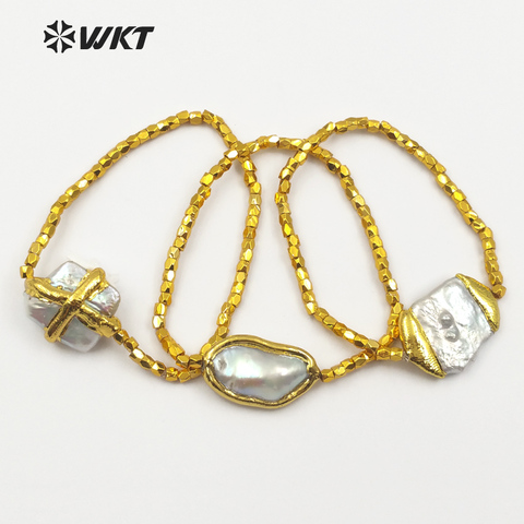 WT-B418  Random Shape Natural Baroque Pearl With Gold Dipped Bracelet Multi-Option Pearl Brass Bead Bracelet Can Adjust ► Photo 1/6