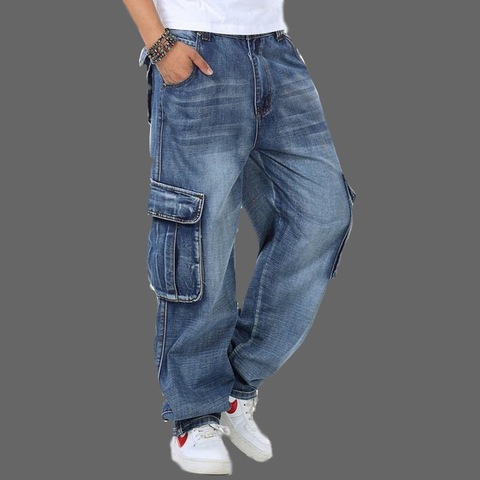 Mens Casual Loose Wide Leg Baggy Cargo Jeans Men Hip Hop Straight Cotton  Denim Skateboard Pants with Multi Pockets Plus Size 46 - AliExpress