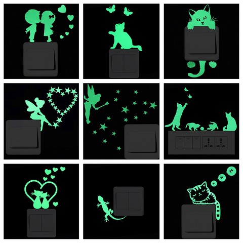 Luminous Cartoon Switch Sticker Glow in the Dark Cat Sticker Fluorescent Fairy Moon Stars Sticker Kid Room Decoration Home Decor ► Photo 1/6