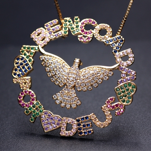 Big round Pendant Necklaces Full Paved Colorful Cubic Zirconia Heart Letter Eagle Gold Chain women boho party Necklace Wholesale ► Photo 1/6