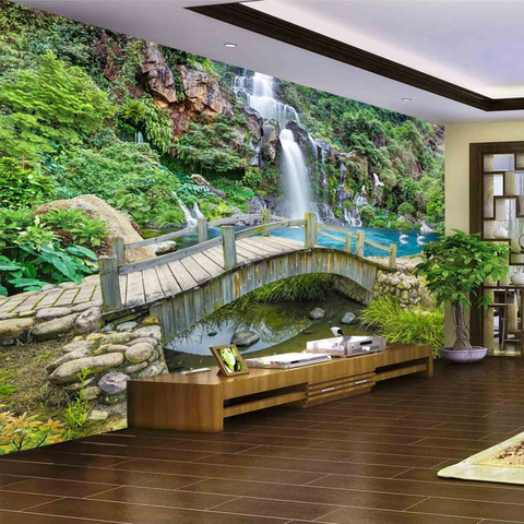 Custom Any Size 3D Mural Wallpaper Small Bridge Running Water Waterfall Nature Landscape Photo Background Wall Papers Home Decor ► Photo 1/1