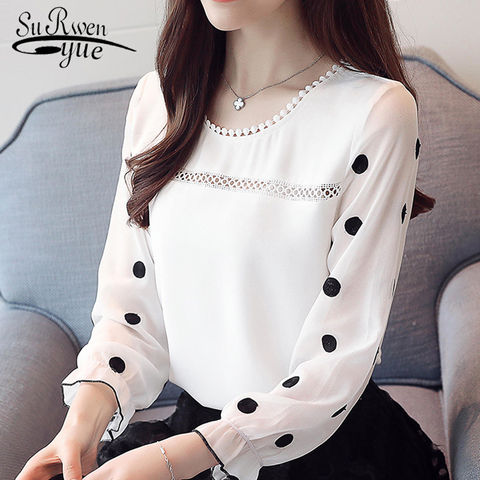 long sleeve women blouse shirt fashion 2022 chiffon women's clothing sweet o-neck black dot white feminine tops blusas d383 30 ► Photo 1/6