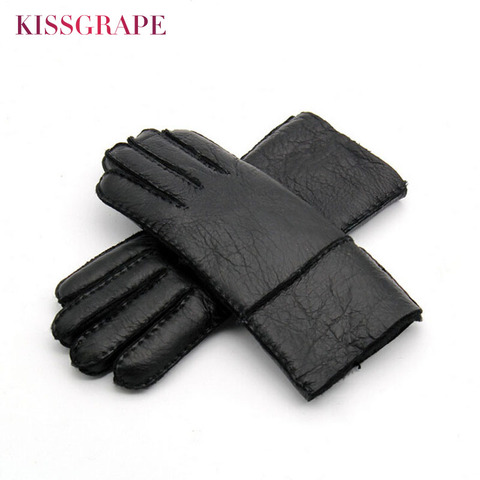 Russian Winter Women's Genuine Leather Warm Gloves Ladies Sheep Fur Wool Lined Gloves Youth Thick Windproof Mitten Guantes Black ► Photo 1/6