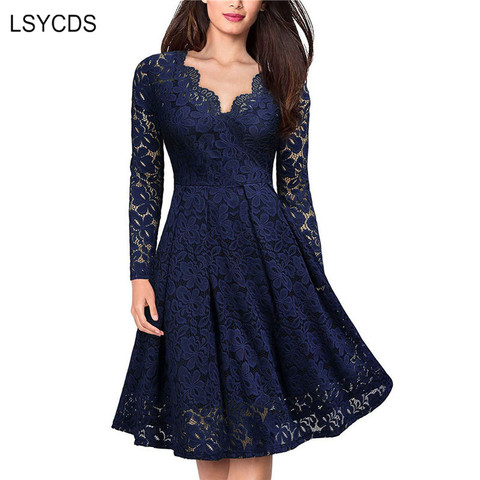 LSYCDS Elegant Sexy Dress for Women Vintage Lace Long Sleeve V Neck Black Blue Robe Femme Casual Dresses Woman Party Night 2022 ► Photo 1/6