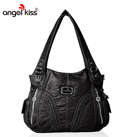 Angelkiss Brand Classic Women Washed PU Handbag Roomy Tote Soft Handfeel Enough Pockets Adjustable Big-Size Friendly Long Strap ► Photo 1/6