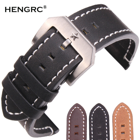 Genuine Leather Watch Band Strap 24mm Black Dark Brown Women Men Bracelet Belt With Silver Metal Pentagram Buckle For Panerai ► Photo 1/6