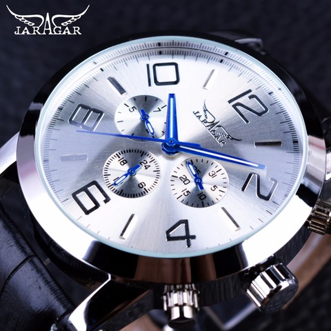 Jaragar 6 Blue Hands Display Fashion Design Silver Case Men Watches Top Brand Luxury Genuine Leather Strap Automatic Wrist Watch ► Photo 1/6