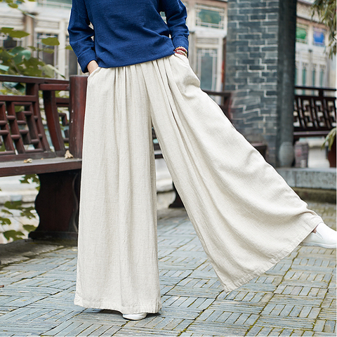 Johnature Women Linen Wide Leg Pants Elastic Waist 2022 Autumn Winter New Pockets Plus Size Women Clothing Loose Vintage Trouser ► Photo 1/6
