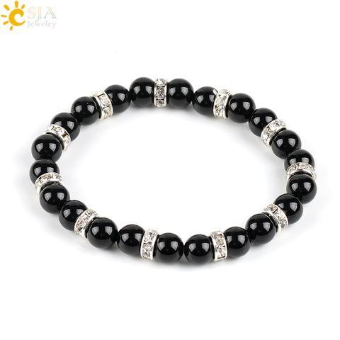 CSJA 8mm Natural Round Pure Black Onyx Agat Gem Stone Strand Space Beads Bracelets Cool Summer Women Hand Fashion Jewelry P056 ► Photo 1/1