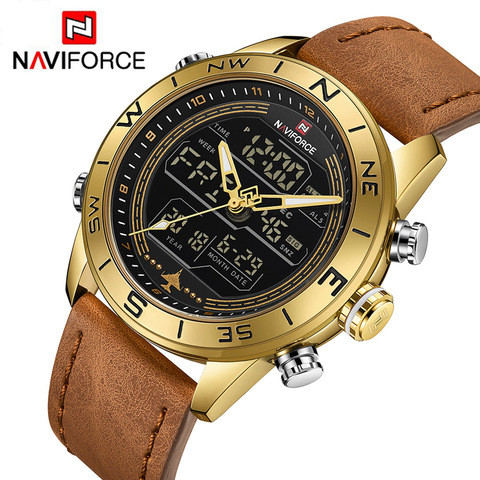NAVIFORCE 9144 Fashion Gold Men Sport Watches Mens LED Analog Digital Watch Army Military Leather Quartz Watch Relogio Masculino ► Photo 1/6